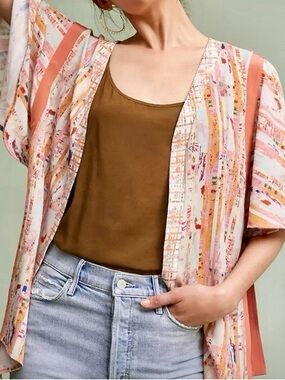 Anthropologie Floreat Anstract Printed Open Front Short Kimono Top Sz Onesize